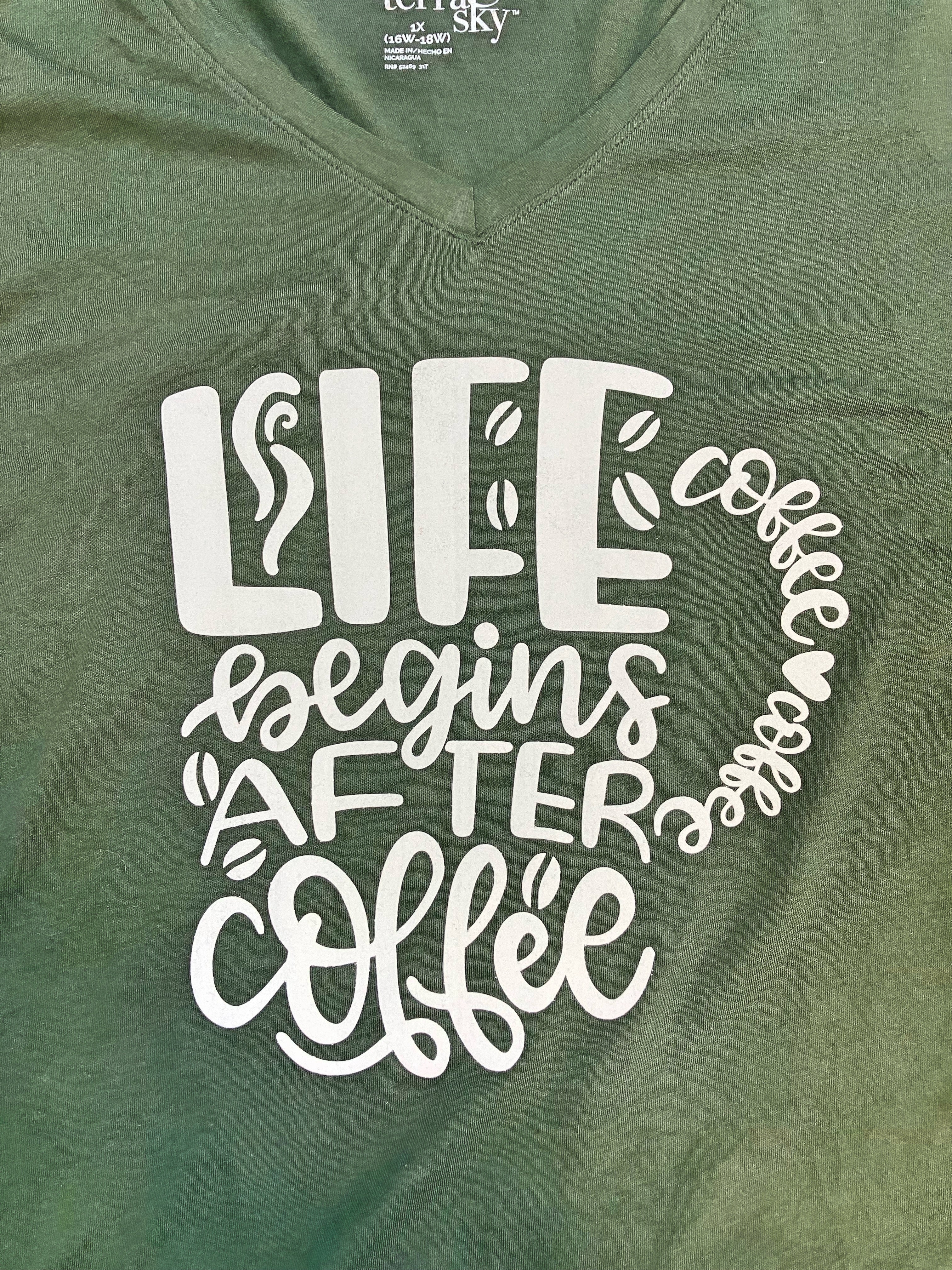 "Life Begins After Coffee" Long Sleeved Custom Shirt - Plus Sized Womens 16/18W